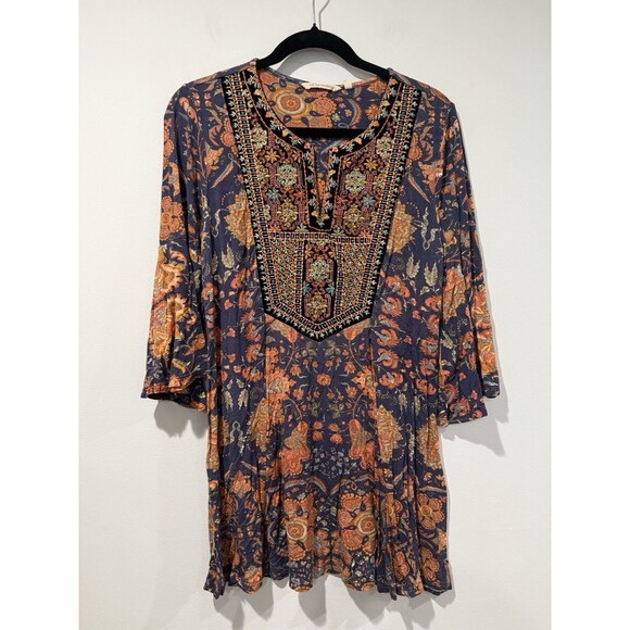 Soft Surroundings Tunic Top Medium Velvet Embroidered 3/4 Bell Sleeve Boho Indie - Picture 1 of 6